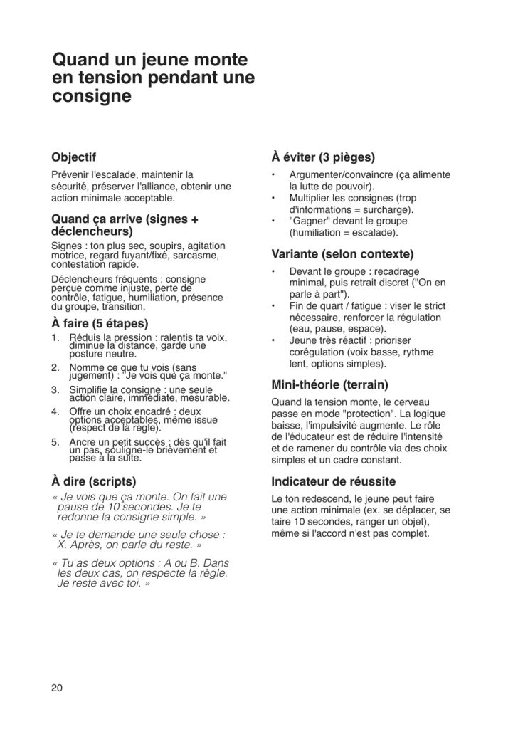 Exemple de la fiche Quand un jeune monte en tension pendant une consigne