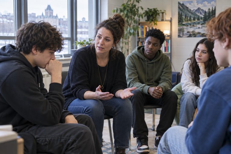 Une éducatrice échange calmement avec un groupe de jeunes